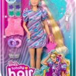 Barbie - Super Chioma Bambola con abito a stelle, capelli fantasia lunghi 21,6cm, abito, 15 accessori alla moda - 8 con effetto cambia colore, Giocattolo per Bambini 3+ Anni