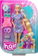 Barbie - Super Chioma Bambola con abito a stelle, capelli fantasia lunghi 21,6cm, abito, 15 accessori alla moda - 8 con effetto cambia colore, Giocattolo per Bambini 3+ Anni