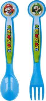 Set Posate Super Mario Bros 2 pezzi per bambini riutilizzabili in plastica composta da forchetta e cucchiaio - immagine 3