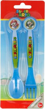 Set Posate Super Mario Bros 2 pezzi per bambini riutilizzabili in plastica composta da forchetta e cucchiaio - immagine 2